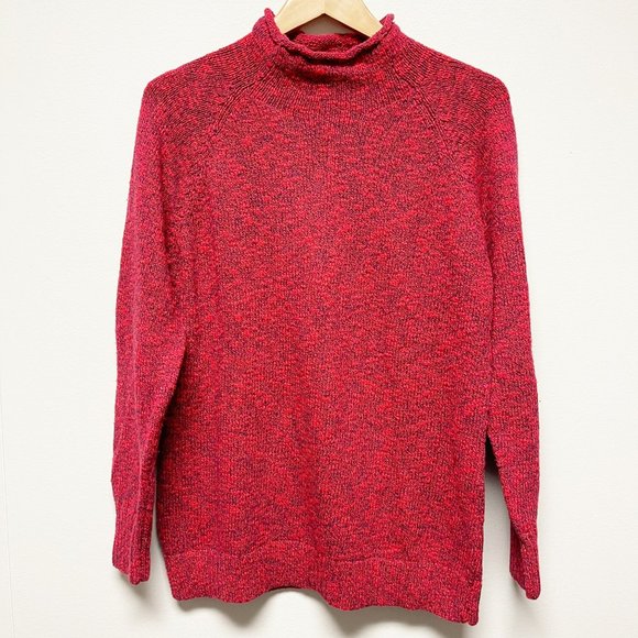 L.L.BEAN Red and Navy Oversized 100% Cotton Knit Mock Neck Sweater Size L - Picture 1 of 9